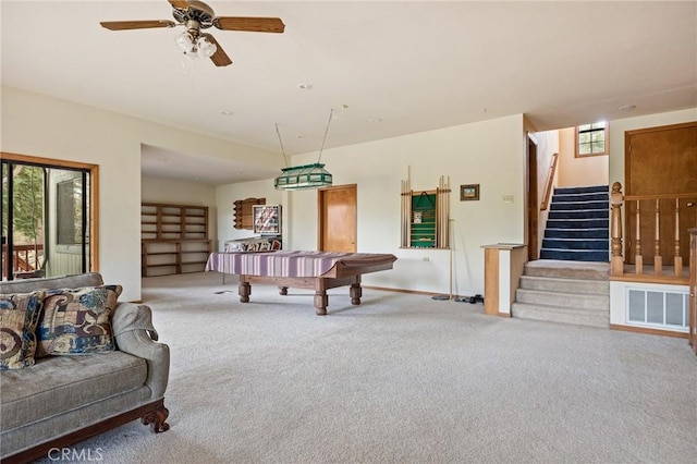 32424 Snowshoe Ln, Running Springs, CA 92382 - playroom with visible vents, baseboards, ceiling fan, pool table, and carpet flooring