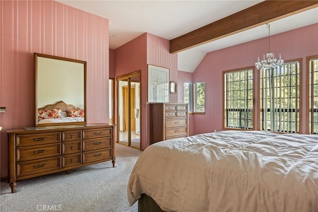32424 Snowshoe Ln, Running Springs, CA 92382 - bedroom with a chandelier, light carpet, and vaulted ceiling with beams