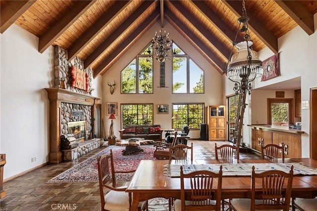 32424 Snowshoe Ln, Running Springs, CA 92382 - dining space featuring high vaulted ceiling, wooden ceiling, beam ceiling, and a fireplace