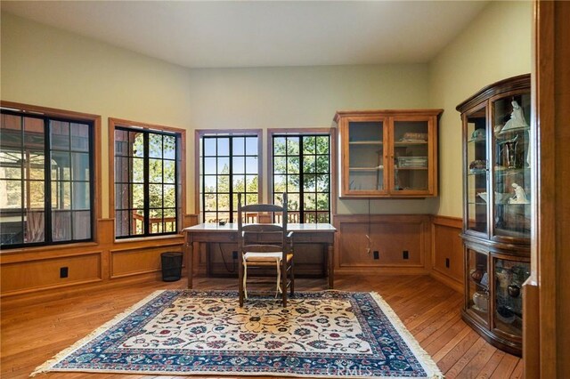 32424 Snowshoe Ln, Running Springs, CA 92382 - office area with a healthy amount of sunlight, a wainscoted wall, and wood finished floors