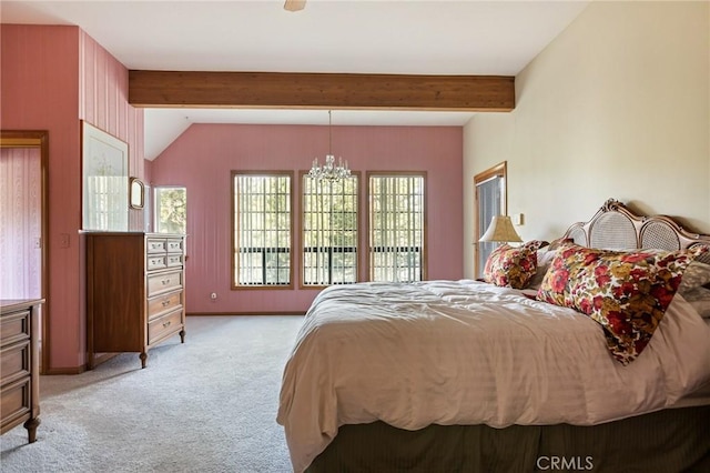 32424 Snowshoe Ln, Running Springs, CA 92382 - bedroom with light colored carpet, lofted ceiling with beams, and a chandelier