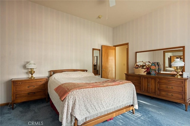 32424 Snowshoe Ln, Running Springs, CA 92382 - bedroom featuring carpet, ceiling fan, and wallpapered walls