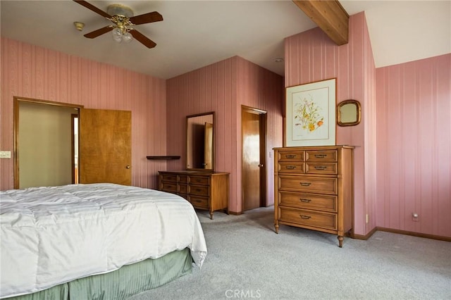 32424 Snowshoe Ln, Running Springs, CA 92382 - carpeted bedroom with a ceiling fan, beam ceiling, and wallpapered walls