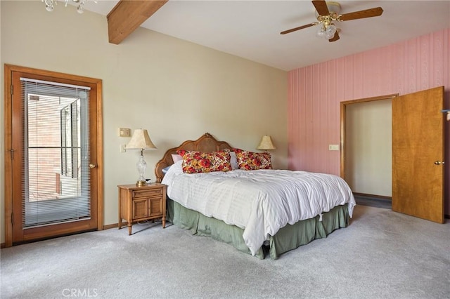 32424 Snowshoe Ln, Running Springs, CA 92382 - bedroom with a ceiling fan, baseboards, beamed ceiling, and carpet flooring