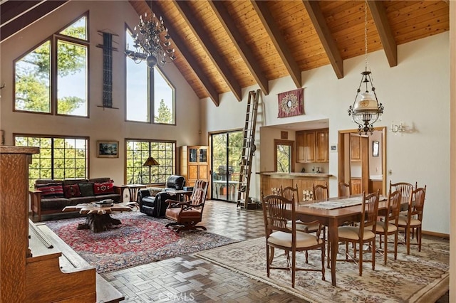 32424 Snowshoe Ln, Running Springs, CA 92382 - interior space with wood ceiling, beamed ceiling, high vaulted ceiling, and a notable chandelier