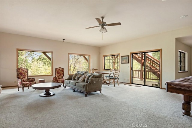 32424 Snowshoe Ln, Running Springs, CA 92382 - living area with a ceiling fan, baseboards, and light colored carpet