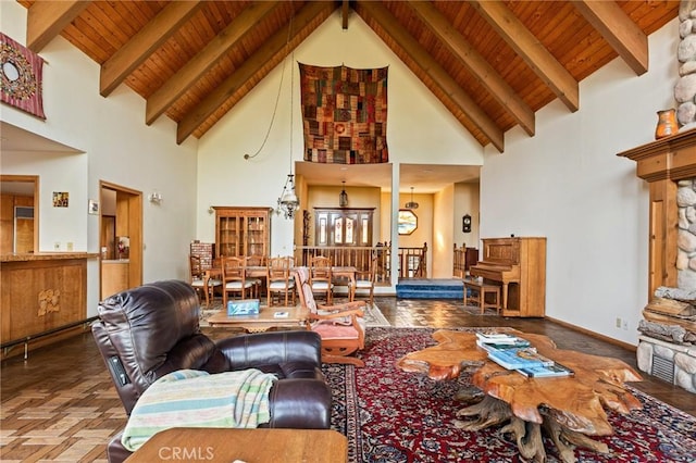 32424 Snowshoe Ln, Running Springs, CA 92382 - living room with wood ceiling, high vaulted ceiling, and beamed ceiling
