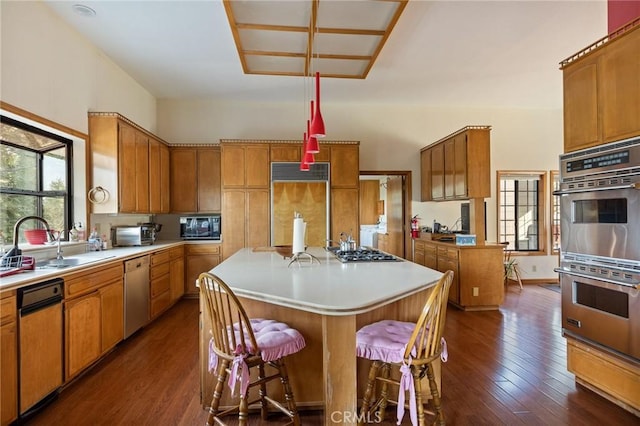 32424 Snowshoe Ln, Running Springs, CA 92382 - kitchen with a sink, appliances with stainless steel finishes, a kitchen island, and dark wood finished floors