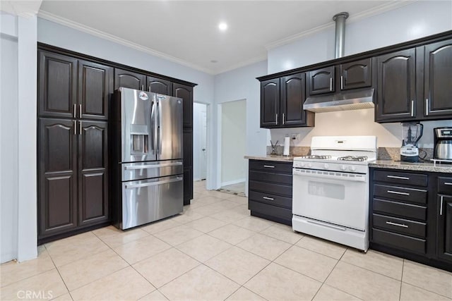 kitchen featuring white range with gas cooktop, light tile patterned flooring, light stone counters, stainless steel refrigerator with ice dispenser, and under cabinet range hood