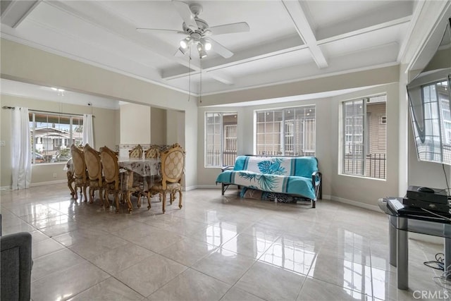 dining area featuring tile patterned floors, ceiling fan, beamed ceiling, coffered ceiling, and baseboards