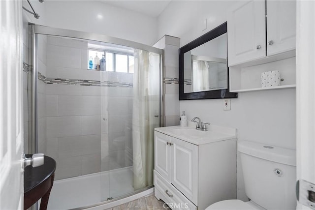 full bathroom featuring toilet, vanity, and a shower stall