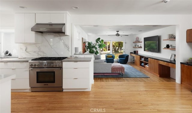 kitchen featuring white cabinetry, modern cabinets, under cabinet range hood, and high end stainless steel range