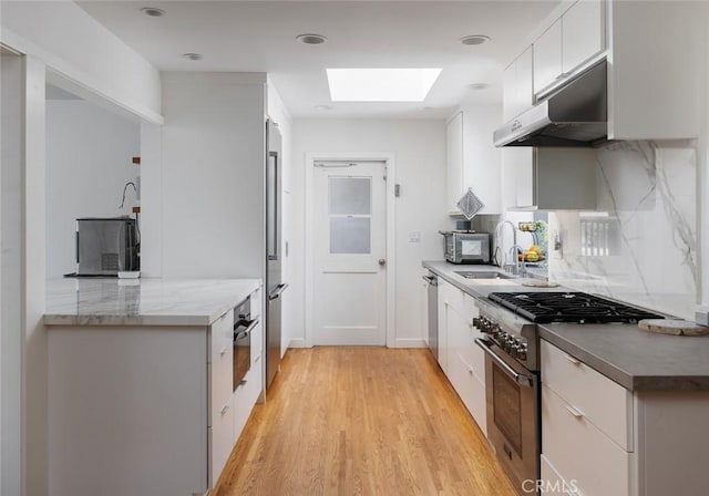 kitchen featuring high quality appliances, under cabinet range hood, a sink, light wood finished floors, and a skylight
