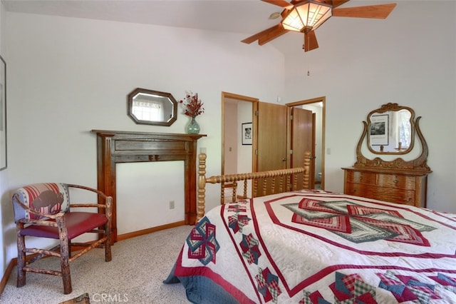bedroom with high vaulted ceiling, carpet, and a ceiling fan