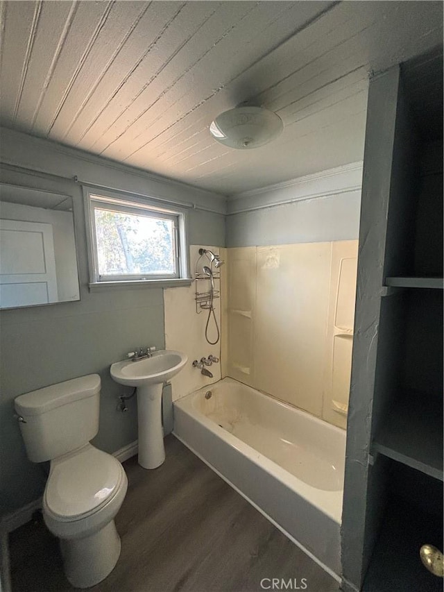 3499 Lemon St, Riverside, CA 92501 - bathroom featuring toilet, bathing tub / shower combination, wooden ceiling, and wood finished floors