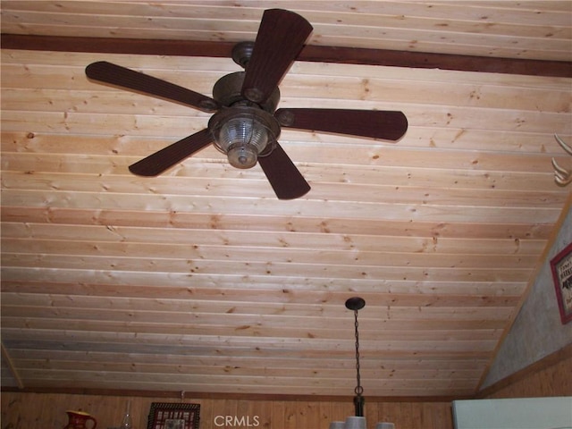 room details with wooden walls, wood ceiling, and ceiling fan