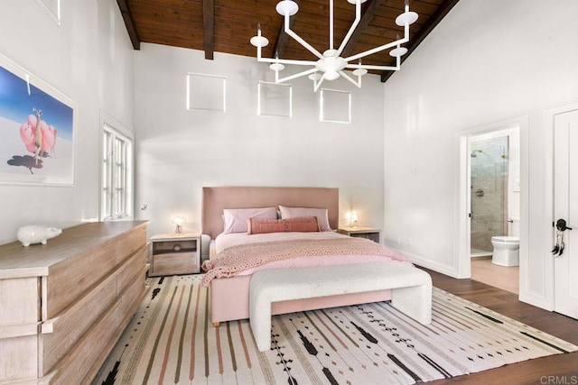 17182 Camino Acampo, Rancho Santa Fe, CA 92067 - bedroom with connected bathroom, a high ceiling, wood finished floors, beamed ceiling, and wood ceiling