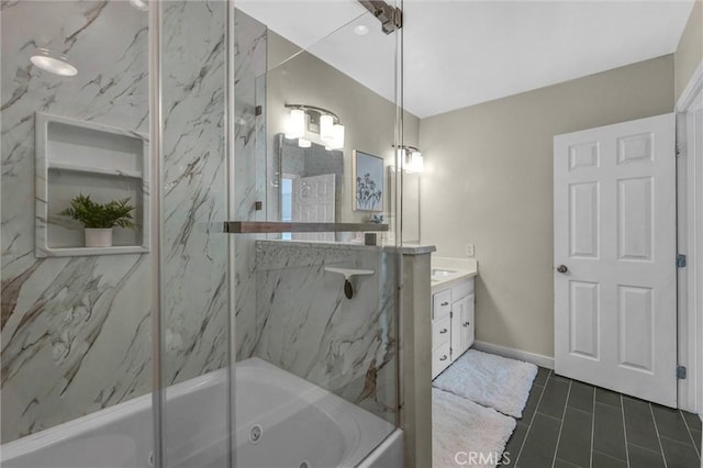 bathroom with baseboards, tile patterned flooring, bath / shower combo with glass door, and vanity