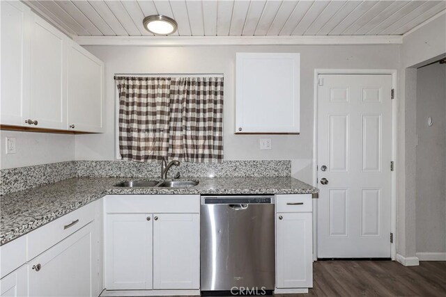 kitchen with dark wood-style flooring, dishwasher, a sink, wooden ceiling, and white cabinetry