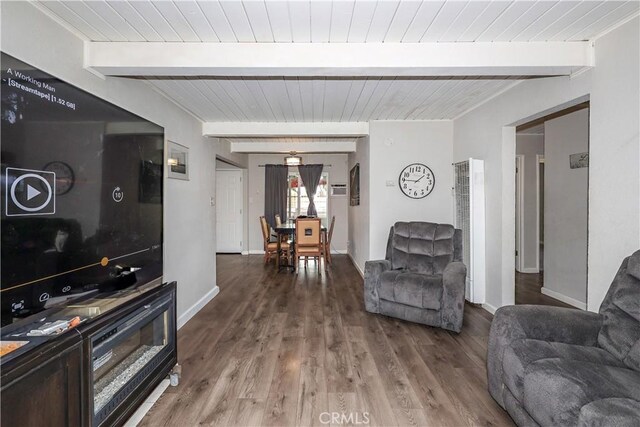living room with a heating unit, wooden ceiling, beam ceiling, and wood finished floors