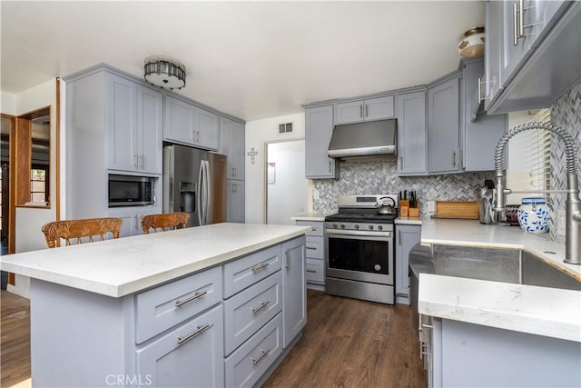 9810 Sharon Ave, Riverside, CA 92503 - kitchen featuring appliances with stainless steel finishes, gray cabinetry, under cabinet range hood, and backsplash