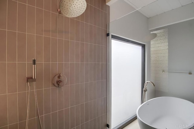 full bathroom with a freestanding bath and a tile shower