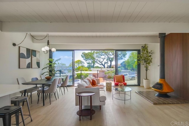 living room featuring a wood stove, wood ceiling, wood finished floors, and beam ceiling