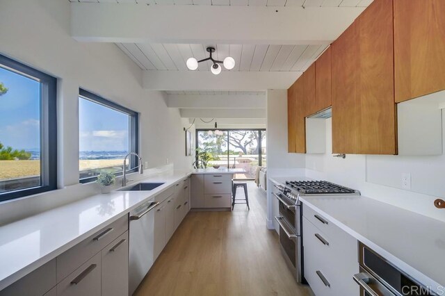 936 Bangor St, San Diego, CA 92106 - kitchen featuring stainless steel appliances, a chandelier, a sink, modern cabinets, and beamed ceiling