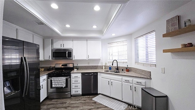 1921 Glenoaks Blvd Unit 196, San Fernando, CA 91340 - kitchen featuring dark wood-style flooring, ornamental molding, a sink, a raised ceiling, and stainless steel appliances