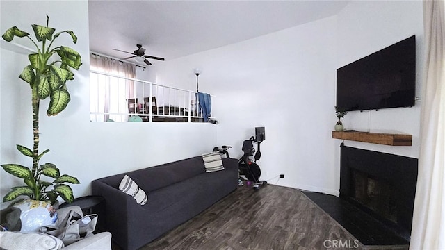 1921 Glenoaks Blvd Unit 196, San Fernando, CA 91340 - living room with a ceiling fan, a fireplace with flush hearth, and wood finished floors