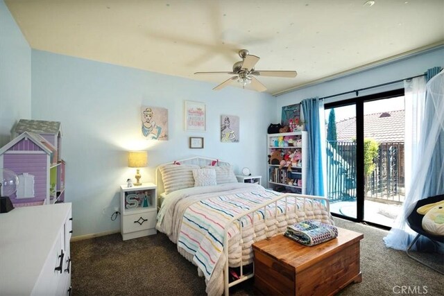 13784 Choco Rd, Apple Valley, CA 92307 - bedroom with dark colored carpet, access to outside, ceiling fan, and baseboards