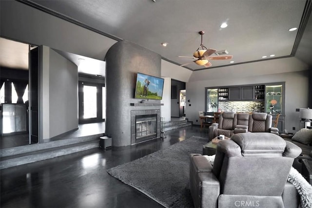13784 Choco Rd, Apple Valley, CA 92307 - living room with a tile fireplace, a ceiling fan, and recessed lighting