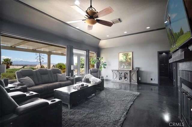 13784 Choco Rd, Apple Valley, CA 92307 - living room with baseboards, a glass covered fireplace, a ceiling fan, and recessed lighting