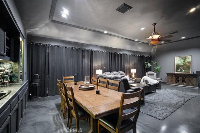 13784 Choco Rd, Apple Valley, CA 92307 - dining area featuring finished concrete floors, ceiling fan, and recessed lighting