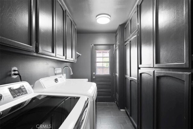 13784 Choco Rd, Apple Valley, CA 92307 - laundry room featuring independent washer and dryer, cabinet space, and dark tile patterned flooring
