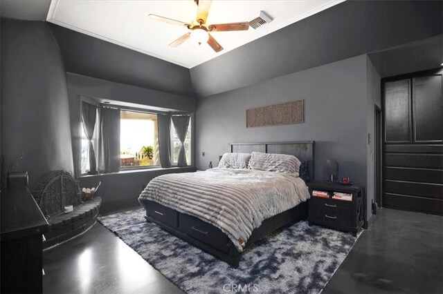 13784 Choco Rd, Apple Valley, CA 92307 - bedroom featuring vaulted ceiling, a ceiling fan, and finished concrete flooring