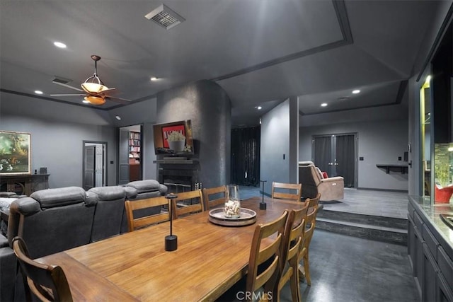 13784 Choco Rd, Apple Valley, CA 92307 - dining space featuring a ceiling fan, a fireplace, and recessed lighting