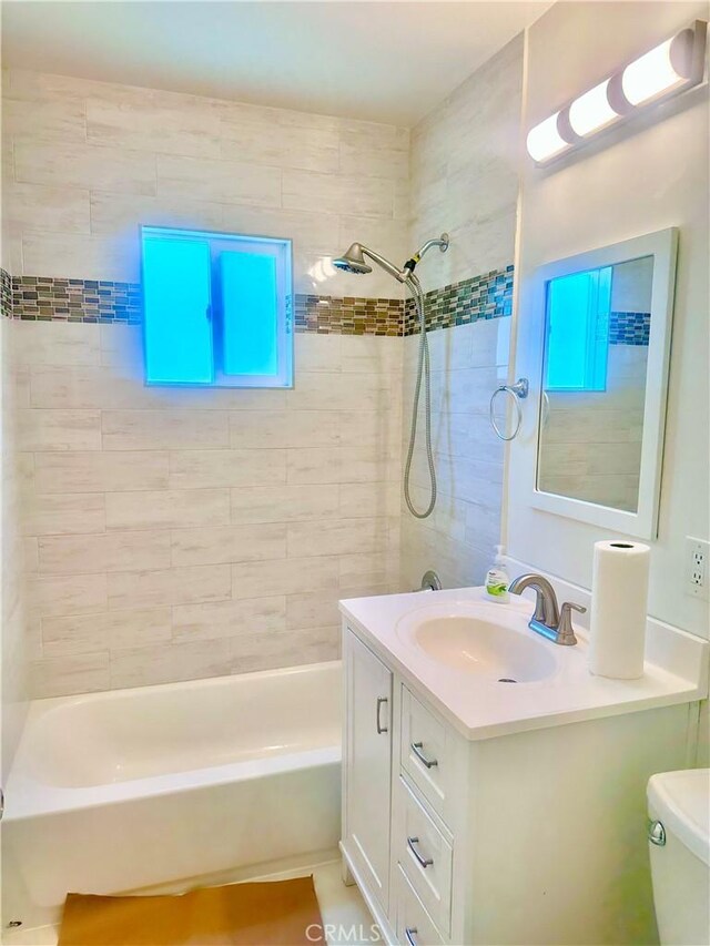 full bath with toilet, shower / bath combination, and vanity