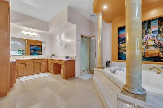 9371 Florence Ave, Downey, CA 90240 - full bath with decorative columns, a bath, visible vents, a stall shower, and vanity