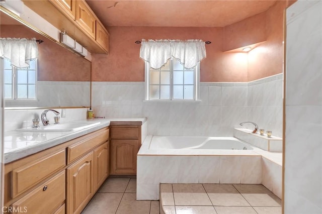 9371 Florence Ave, Downey, CA 90240 - full bath featuring vanity, tile patterned flooring, a garden tub, and a wealth of natural light