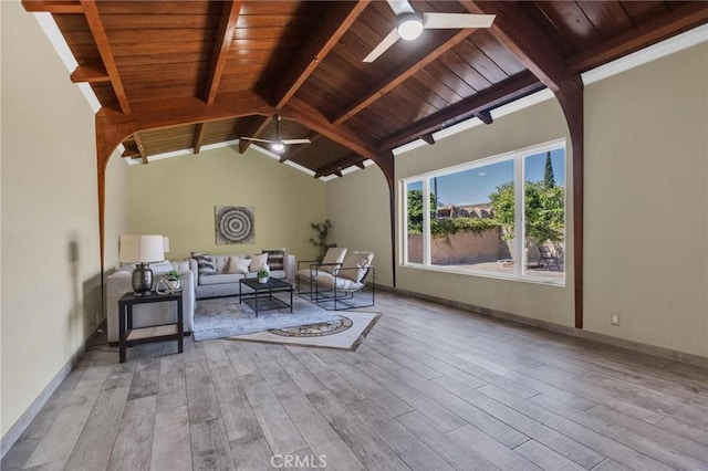 9371 Florence Ave, Downey, CA 90240 - interior space featuring vaulted ceiling with beams, ceiling fan, wood-type flooring, and wood ceiling