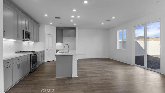 33328 Rusty Ct, French Valley, CA 92596 - kitchen with gray cabinets, stainless steel appliances, recessed lighting, and visible vents