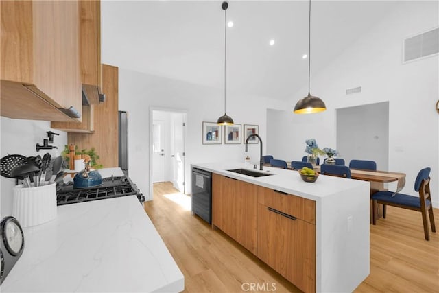 kitchen with dishwasher, a sink, light wood-style flooring, and modern cabinets