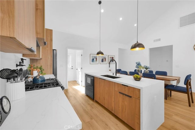 335 N Harvard Blvd, Los Angeles, CA 90004 - kitchen with modern cabinets, dishwasher, light wood-type flooring, high vaulted ceiling, and light stone counters