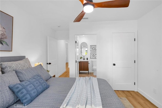 335 N Harvard Blvd, Los Angeles, CA 90004 - bedroom featuring wood finished floors, ensuite bathroom, and ceiling fan