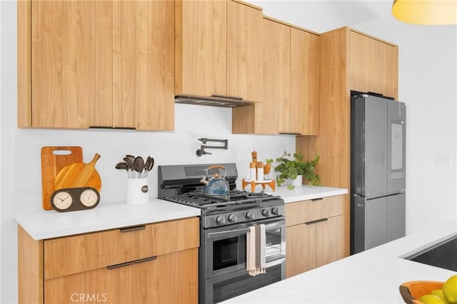 kitchen featuring light countertops, smart refrigerator, modern cabinets, and double oven range
