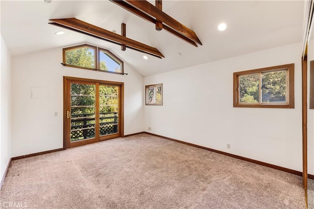 carpeted spare room with baseboards, lofted ceiling with beams, and recessed lighting