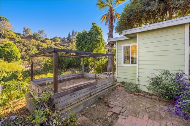 deck with a patio and a vegetable garden
