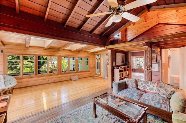 living area featuring wood walls and wood ceiling