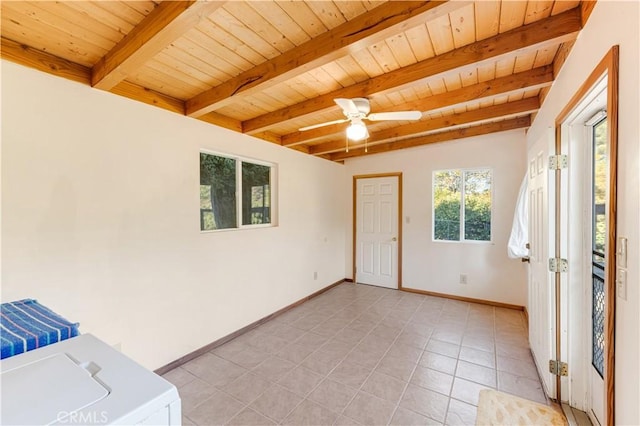 empty room with light tile patterned flooring, ceiling fan, baseboards, beamed ceiling, and wood ceiling